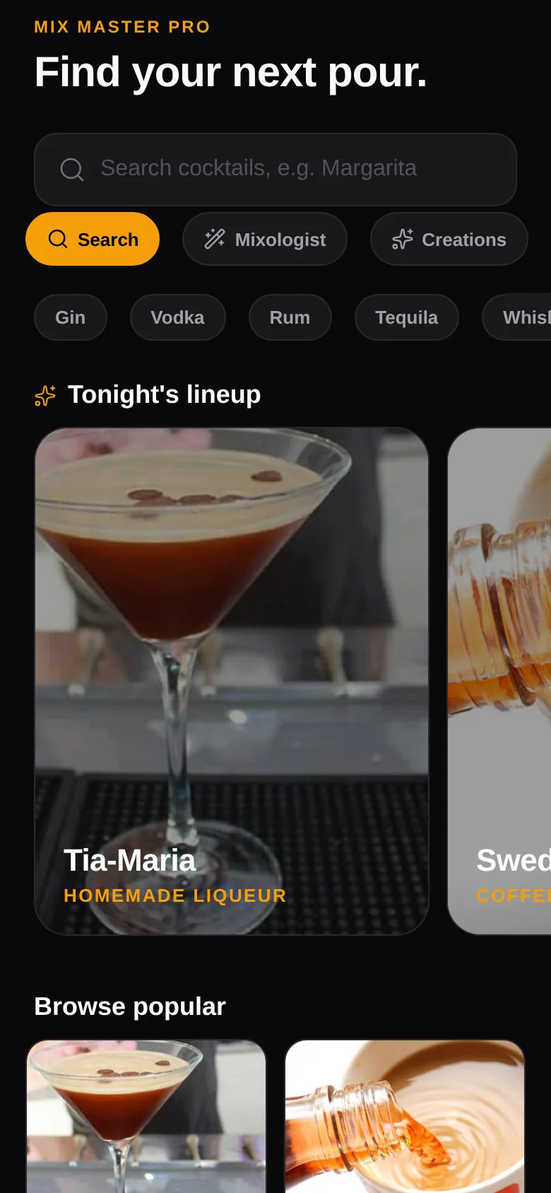Mix Master ProX search screen showing tonight's cocktail lineup